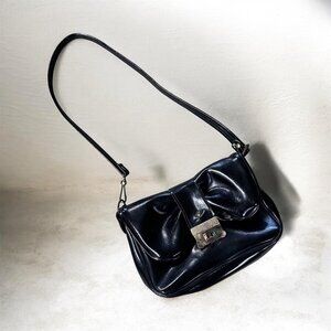 Vintage Purse Black Patent Shoulder Bag Bow Gold Metal Clasp Mid Century Retro